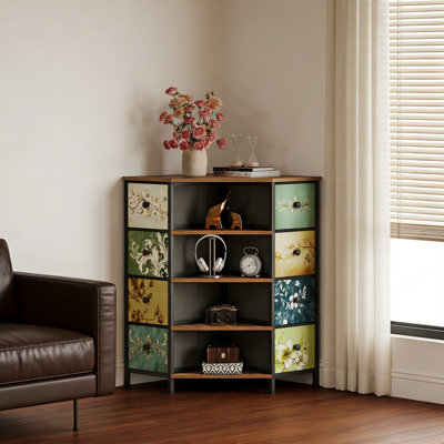 Commode d'angle avec tiroirs de rangement et tablettes ouvertes - Organisateur peu encombrant pour les petits espaces, la chambre à coucher, le vestibule et le salon