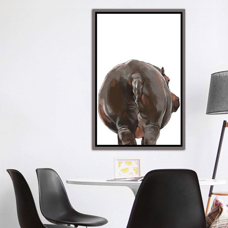 Art hippopotame, H 60 po x l 40po x P 1,5 po, Toile encadrée de bois rustique foncé