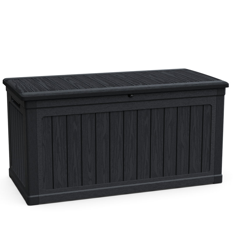 Boîte de rangement pour terrasse 230 gallons, résine imperméable et verrouillable, idéale pour ranger les coussins de patio et les outils de jardin, structure à double paroi résistante aux intempéries, polyvalente comme table d'appoint ou