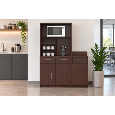 BREAKtime 54" Commercial Breakroom Cabinet with Microwave Hutch, Door Storage & Concealed Trash Compartment, Espresso