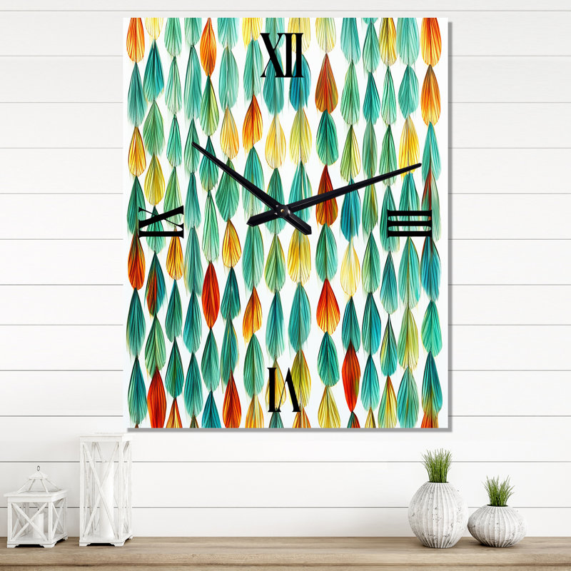Feuilles d'automne rétro en bleu et rouge - Très grandes horloges murales géométriques modernes, H 32 po x l 16 po x P 1 po