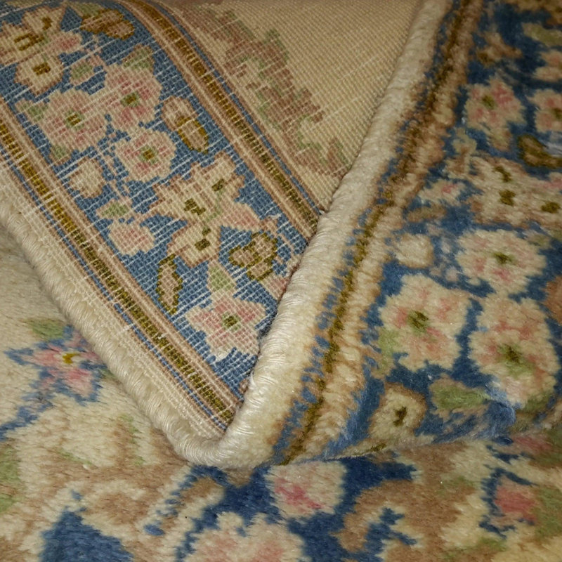 Tapis bleu / beige en coton / laine à motif oriental fait à la main 2 pi 6 po x 9 pi 5 po