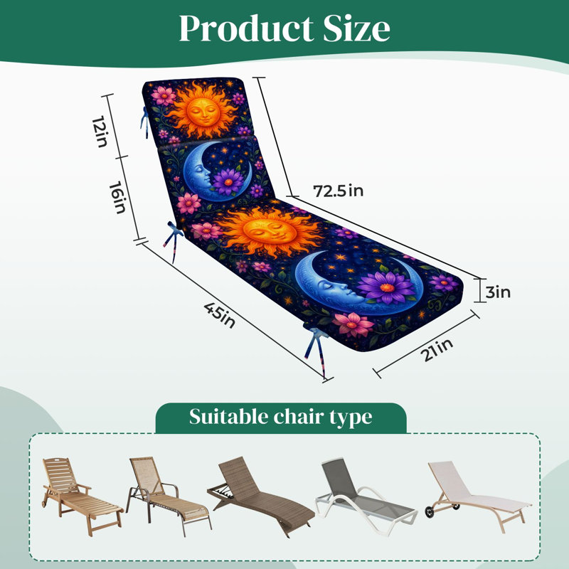  Outdoor Indoor 3'' Lounge Patio Cushion Sun Moon Vibrant Floral Patterns Night Sky Water-Resistant Chaise Lounge Cushion for Chair Patio Furniture Seat Cushion