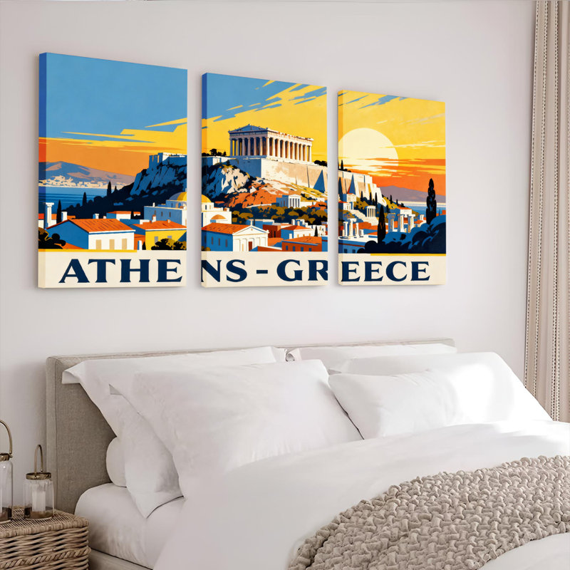 Ensemble de 3 affiches de voyage vintage sur toile tendue représentant Athènes, Grèce, H 30 po x l 60 po