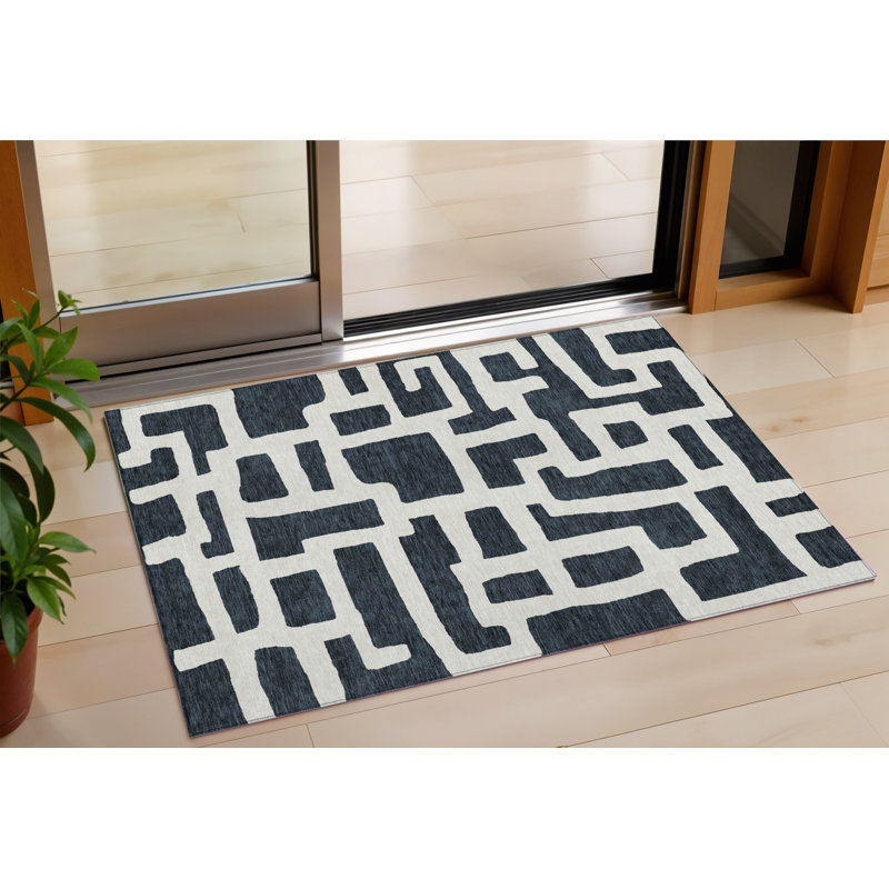 3' X 5' Black And Ivory Abstract Washable Indoor Outdoor Area Rug