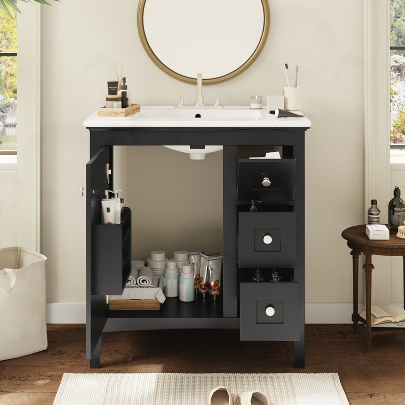 Meuble-lavabo moderne avec lavabo en céramique et 3 tiroirs, Black