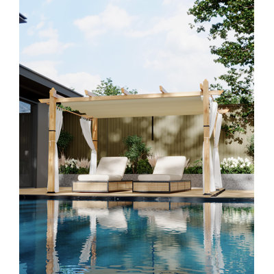 10x13 FT Aluminum Pergola with Mesh Sides & Retractable Canopy, Faux Wood Grain for Patio Garden