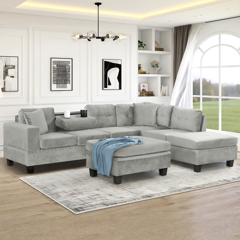 Canapé modulaire de 105 po avec repose-pieds avec rangement, canapé en L avec 2 coussins et porte-gobelets, canapé modulaire avec méridienne réversible