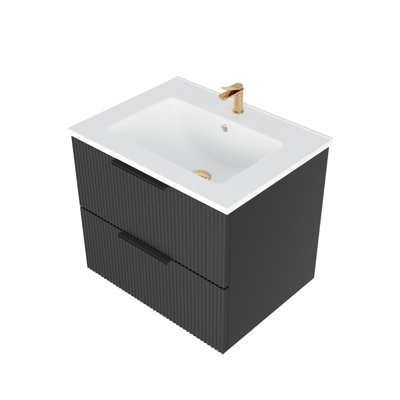 24 Inch Black Wall Mounted Floating Fluted Bathroom Vanity Cabinet With Ceramic Sink And Drawers, Multilayered Design, Quiet Drawer Function Material, Closure
