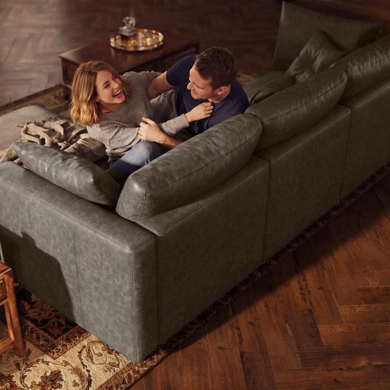 128" Leather Upholstered Sectional Sofa with Hidden Storage, 6Seaters-2, GRAY
