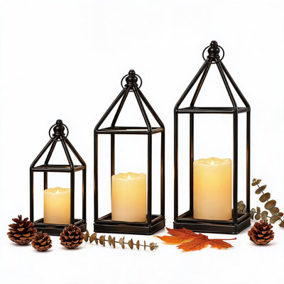 Ensemble de 3 lanternes décoratives en fer forgé noir avec de fausses bougies en acrylique DEL, lanterne porte-bougie sans verre à cadre ouvert pour décor de maison de campagne moderne, porche de manteau de table intérieur et extérieur