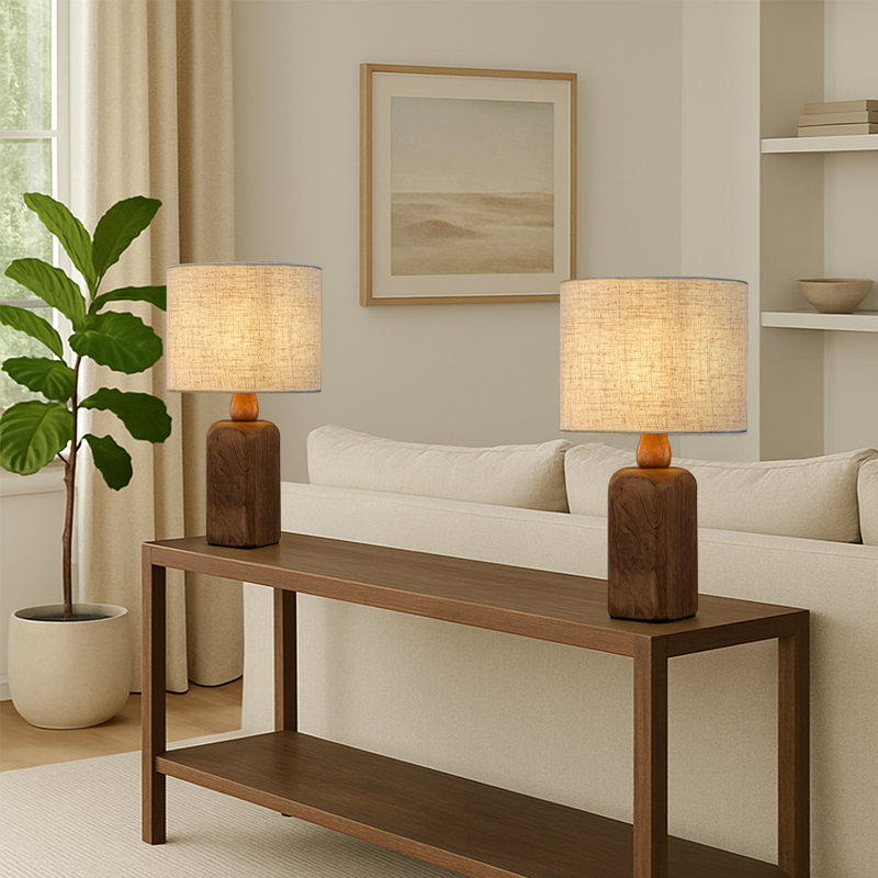 Farmhouse Traditional Natural Brown Solid Wood Base Table Lamp With Beige Fabric Shade For Bedroom Living Room