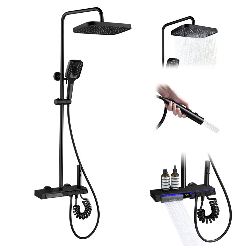 Lefton Complete Shower Set with Temperature Display in Fahrenheit and Dual Shower Head, SST2206, Matte Black