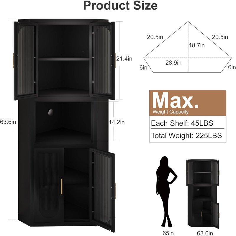Metal Tall Corner Pantry Storage Cabinet With Acrylic Glass Doors & 1 Open Bar Shelf For Kitchen & Living Room, Black