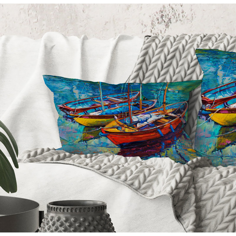 Rectangle, trois bateaux dans le port - Coussin décoratif imprimé nautique et côtier