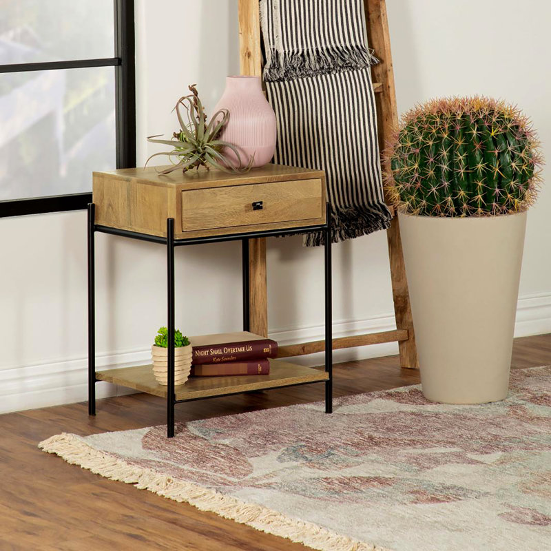 Table d'appoint en bois de manguier naturel avec supports en fer - Décoration 1 tiroir et tablette inférieure ouverte rustique moderne