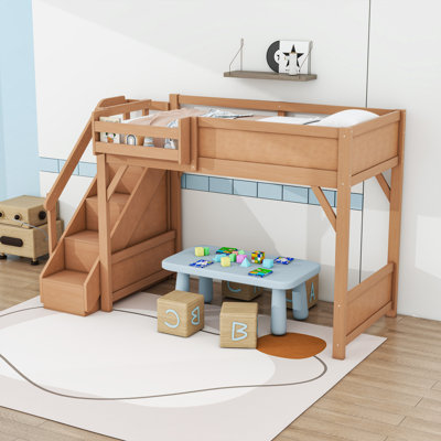Wood Loft Bed with Open Wardrobe, Shelves, Stairs and Secure Guardrails