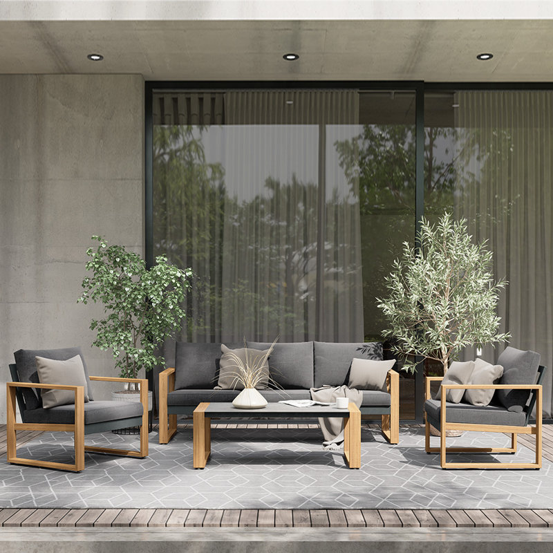 Arunas 5-Person Aluminum Outdoor Conversation Set with Wood-Grain Finish & Weather-Resistant Cushion