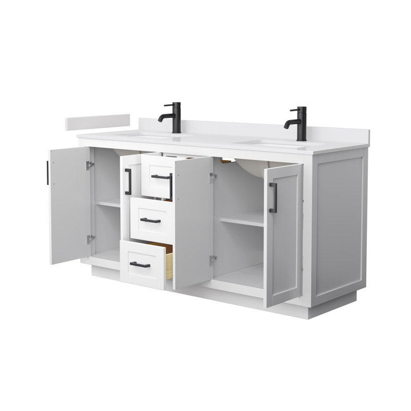 Miranda 66" Freestanding Double Bathroom Vanity with Cultured Marble Top, White Cultured Marble, White, Matte Black