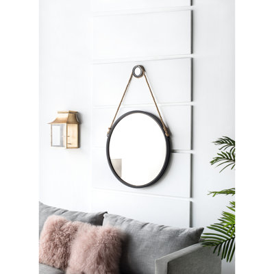 Miroir rond de 29,5 po avec cadre et corde en métal noir pour chambre à coucher