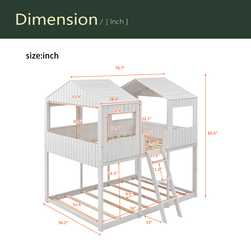 Full Over Full Woodbunk Bed With Roof, Window, Guardrail, Ladder, White