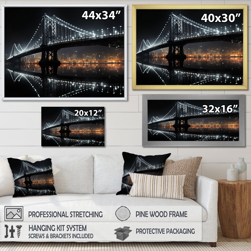 Pont noir de lumière - Ponts, art mural, H 34 po x l 44 po x P 1,5 po, Cadre doré simple