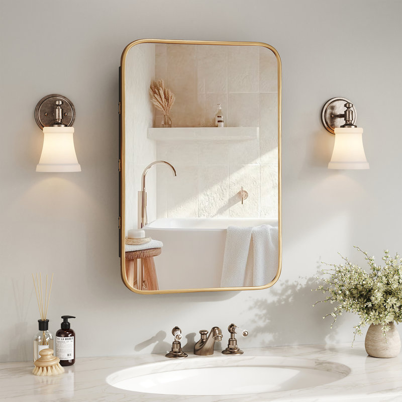 20"x30" Vintage Rectangle Medicine Cabinet with Mirror, Wall Mounted Bathroom Storage with Recessed/Surface Mount Options, Gold Metal Frame