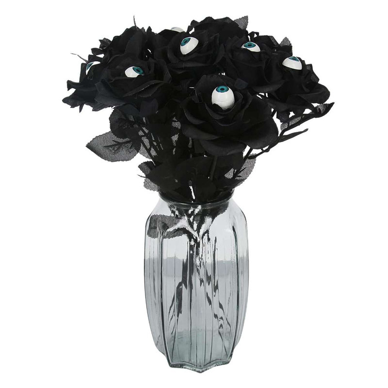 Lot de 10 roses noires artificielles avec œil, tiges de roses artificielles pour Halloween, roses gothiques à longues tiges pour la décoration de la maison, des fêtes et des cimetières.
