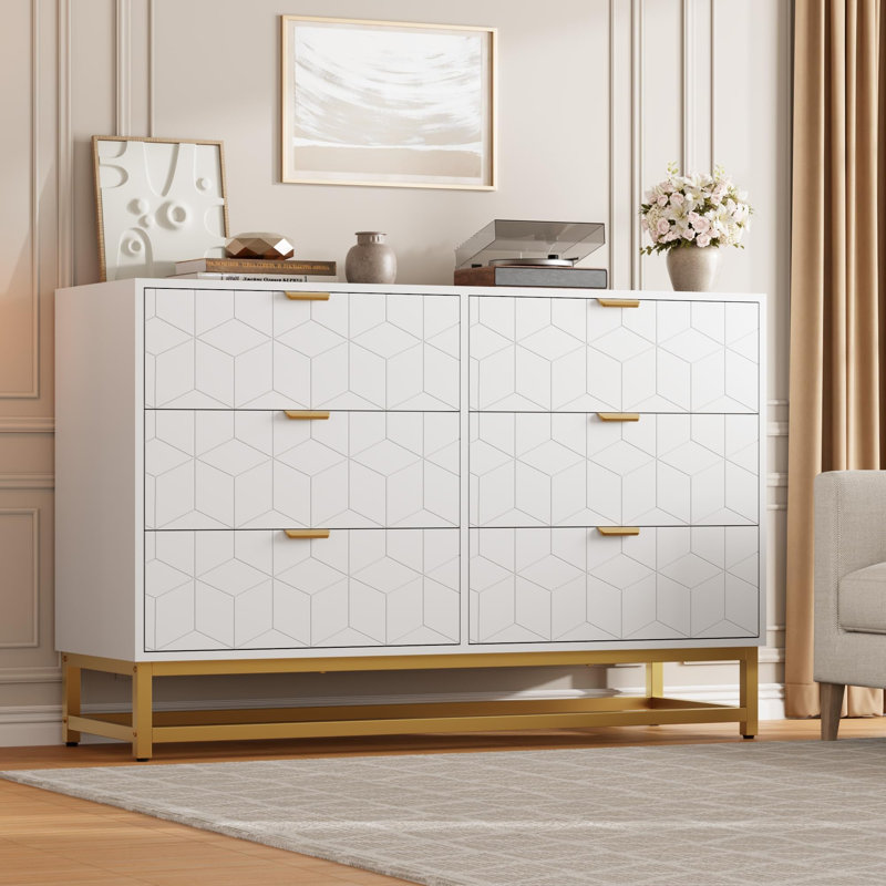 Spacious 6 Drawer Entryway Storage Cabinet – Modern Wide Chest with Gold Metal Handles & Legs – Versatile Organizer for Bedroom, Closet, Living Room, Hallway – White Finish