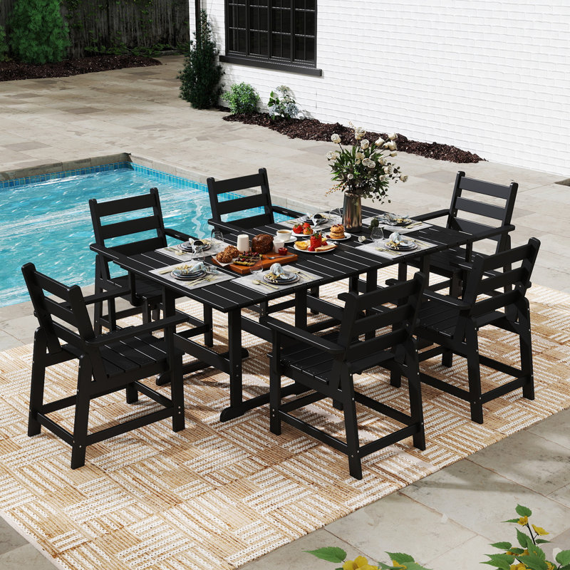 7-Piece-HDPE Outdoor-Table-And-Chairs With Umbrella Hole, Black