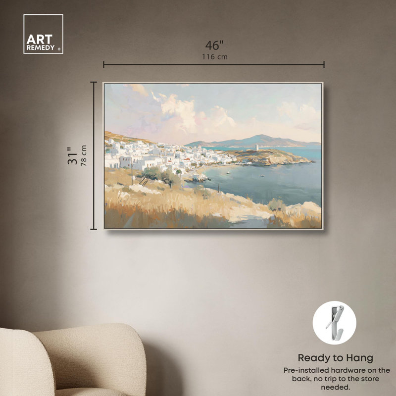 Sunrise Grèce sur toile, paysages de chalet par Art Remedy, Encadrement argenté, H 31 po x l 46 po