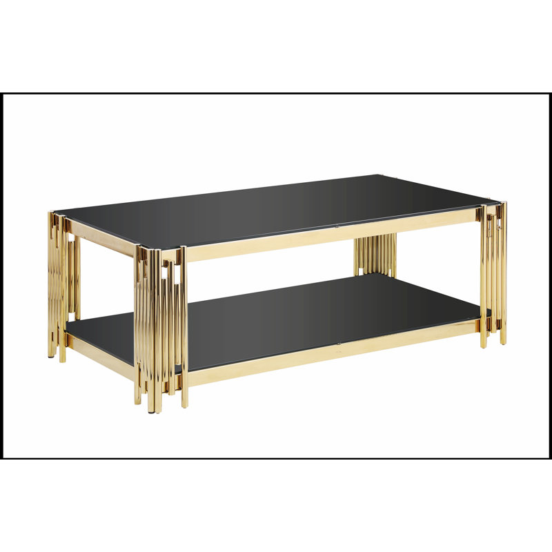 Table basse rectangulaire de 48 pouces de large avec plateau en verre trempé et conception à double couche en acier inoxydable doré, parfaite pour les salons modernes et élégants