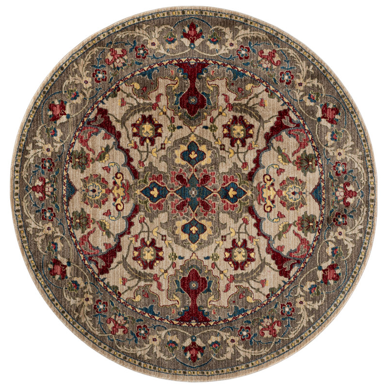 Bisen Performance Oriental Rug, Round 6'7", Ivory/Taupe