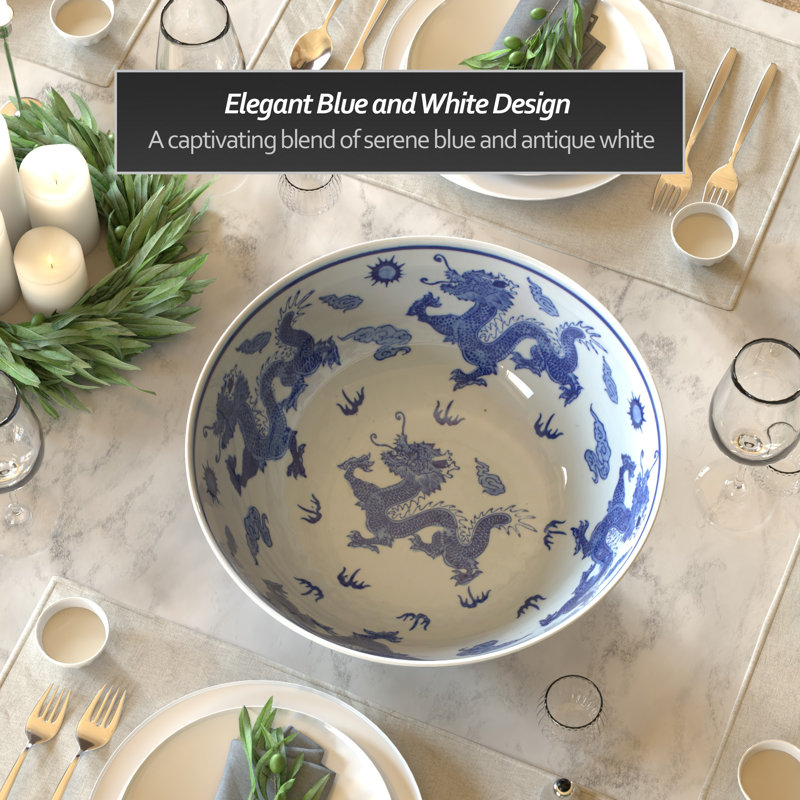 14" Satsuma Ladies & Peacock Porcelain Bowl, Blue Dragon