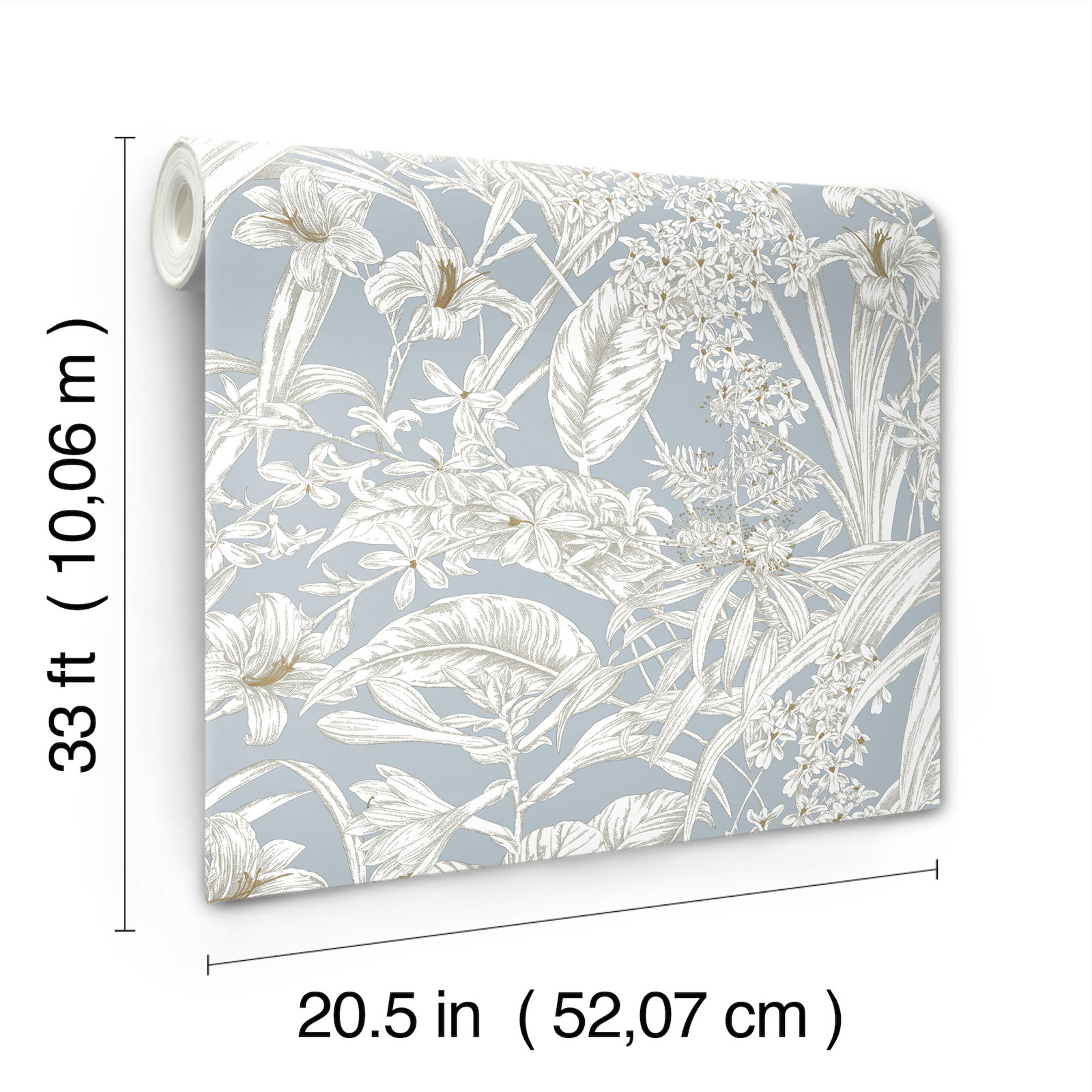 Conservatory Toile Floral,Solids Wallpaper, Blue & Taupe