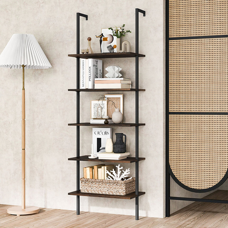 71''H X 23.6''W 5 Tier Ladder Bookcase, Brown/Black