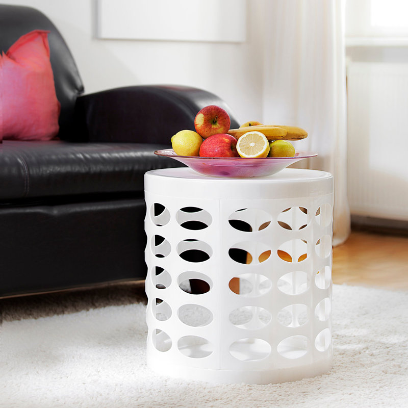 Tabouret de rangement Otto | Repose-pieds rond avec rangement en plastique et motif ovale perforé, Blanc
