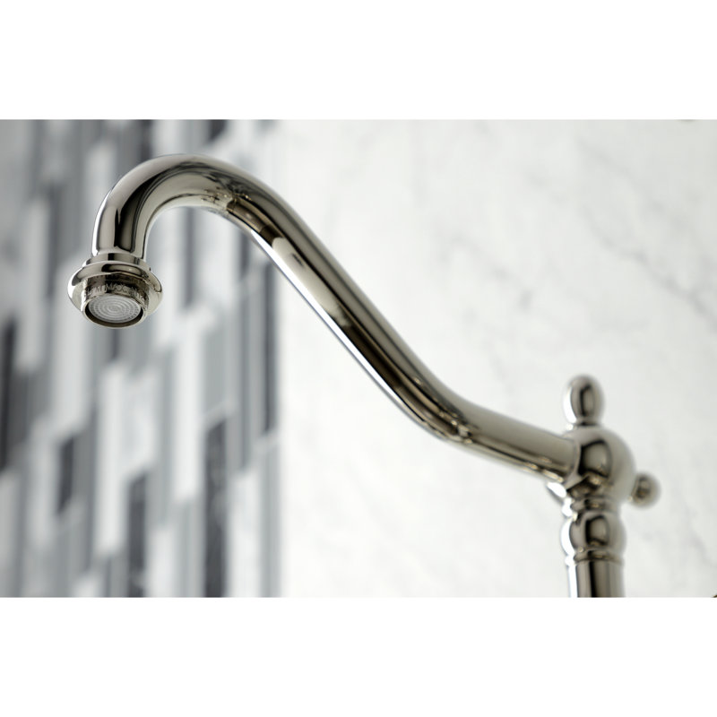 Kingston Brass Heritage Double-Handle Wall-Mount Bridge Kitchen Faucet, With Side Spray, Polished Nickel