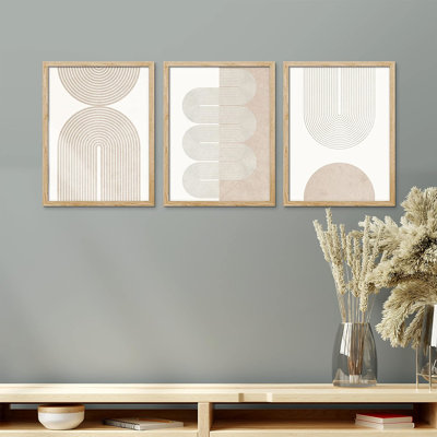 IDÉE4WALL ensemble encadré géométrique bicolore brun clair spirale vagues formes murales, ensemble de 3 illustrations abstraites de décoration murale, décoration murale nordique pour salon, chambre à coucher 3 pièces