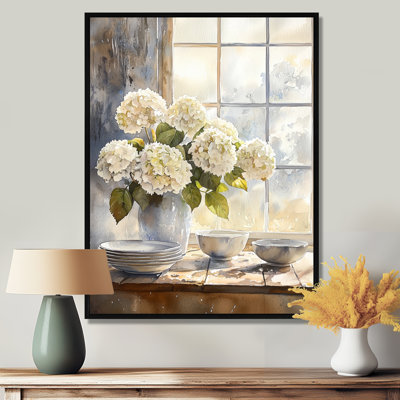 Hortensias dans le coin-repas I - Hydrangea, art mural encadré