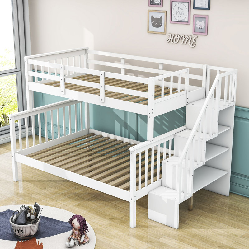 Rasime Twin Over Full Wood Bunk Bed with 3 Shelves, White