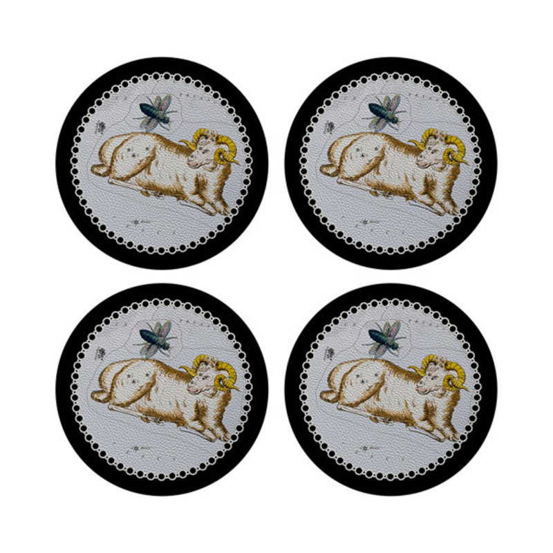 Zodiac Aries White Vegan Leather Round Coasters, Black