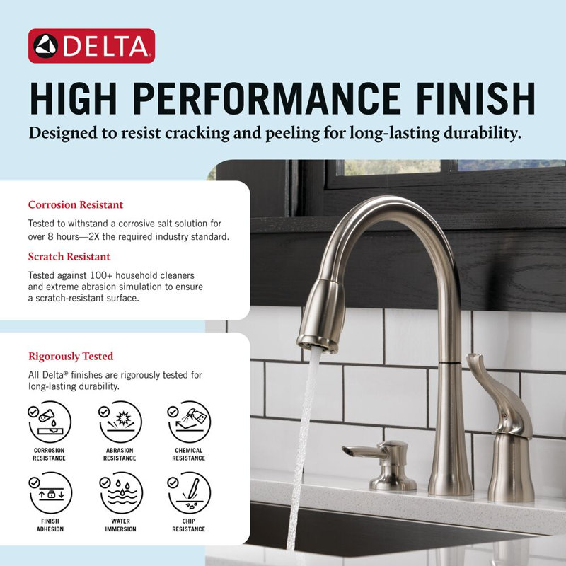 Kate Brushed Nickel Kitchen Faucet with Pull Down Sprayer and Soap Disperser, Modern Two Hole Kitchen Sink Faucet, Single Handle, Stainless
