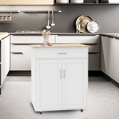 Modern White Kitchen Storage Cart with Adjustable Shelves, Towel Racks, and Rolling Wheels