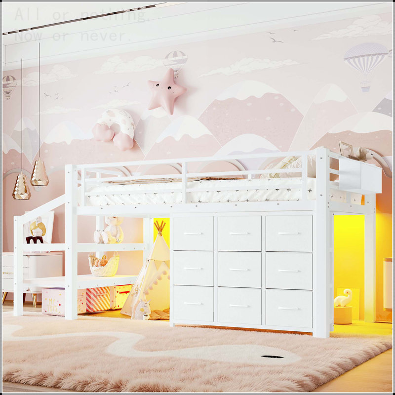 Twin Low Loft Bed with Multi-Storage System and Integrated Lights, Light White