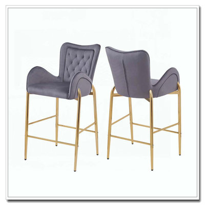 Velvet Fabric Stools with Golden Legs and Footrests