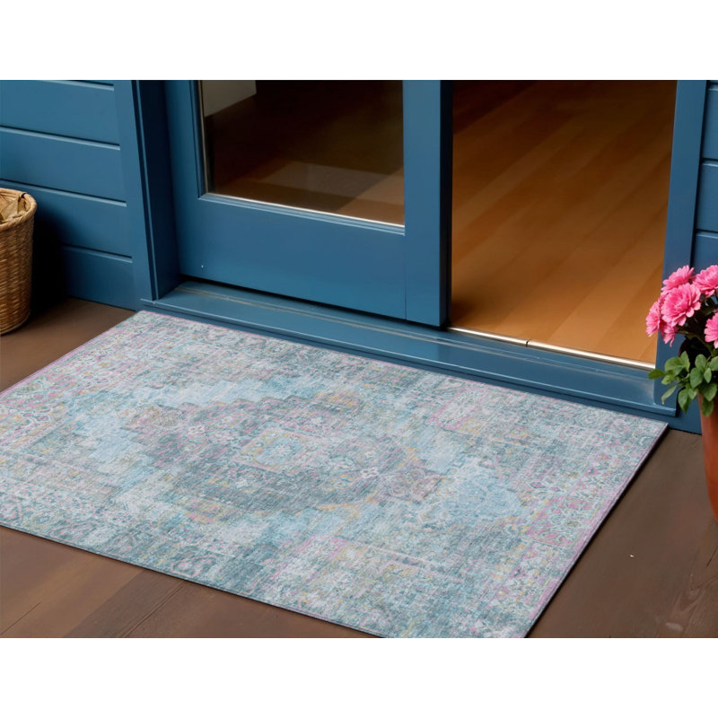 3' X 5' Blue And Pink Medallion Washable Indoor Outdoor Area Rug