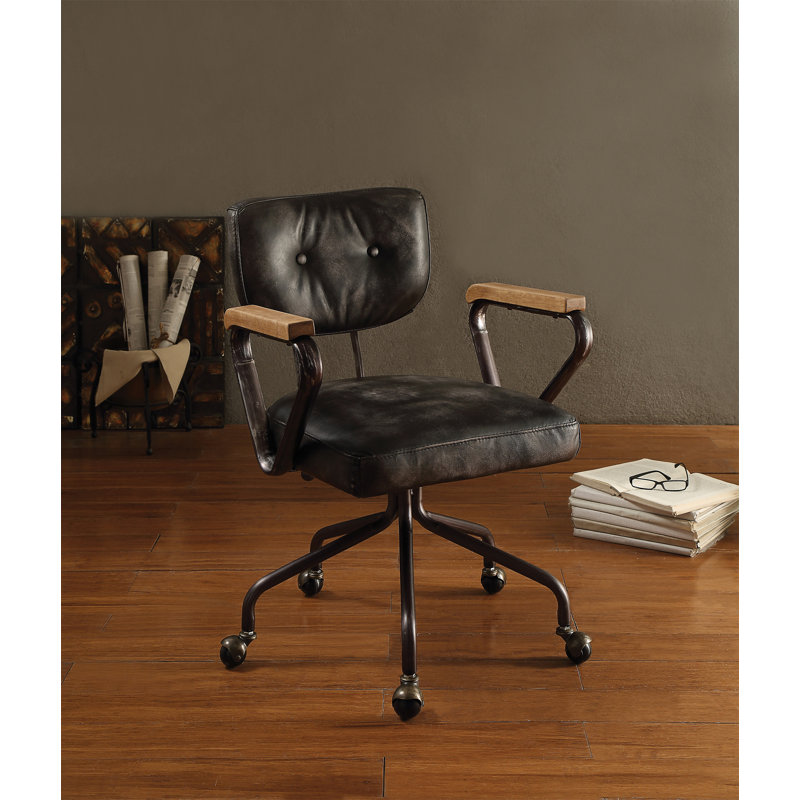 Hallie Vintage Black Top Grain Leather Office Chair, Black