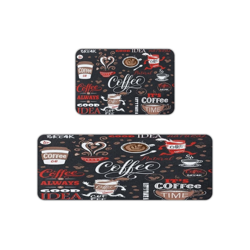 Tapis de cuisine à imprimé café avec citation de café, noir et rouge, 2 pièces