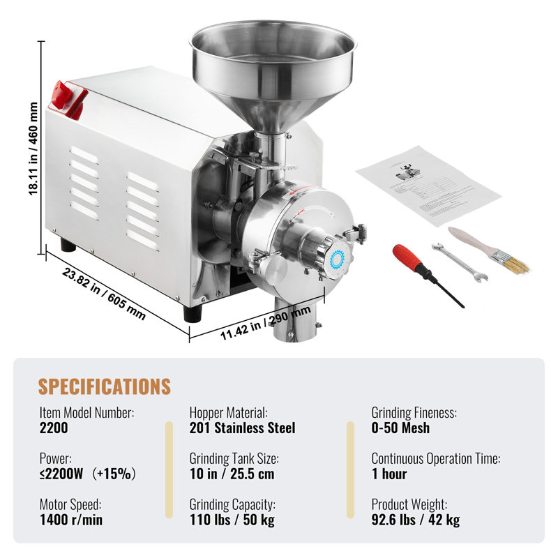 Grain Grind Mill Grain Grinding Machine 2200W Food Processing Machinery